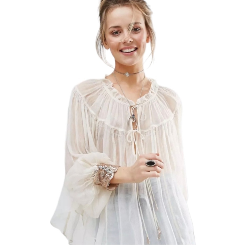 Free People Ivory Dream Cuff Blouse Sequin, Size XS